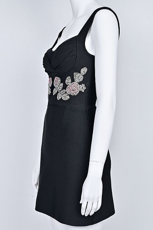 Classic Black Sweetheart Neck Beaded Floral Waist Bodycon Mini Cocktail Dress