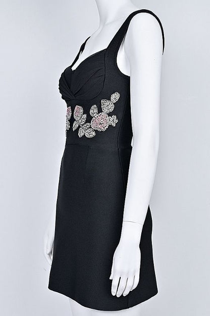 Classic Black Sweetheart Neck Beaded Floral Waist Bodycon Mini Cocktail Dress