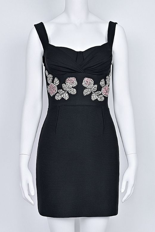 Classic Black Sweetheart Neck Beaded Floral Waist Bodycon Mini Cocktail Dress