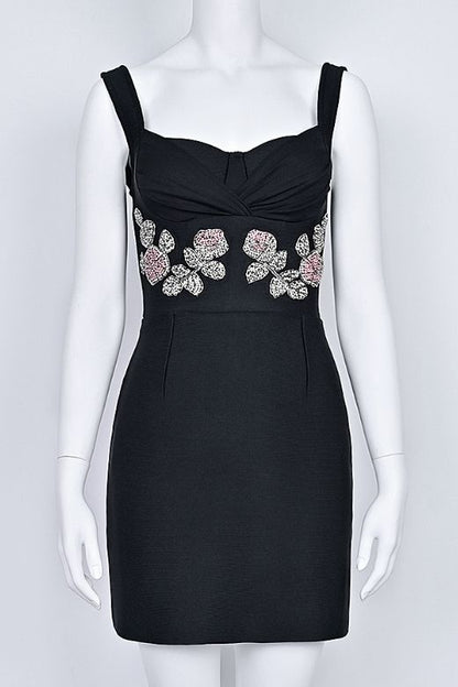 Classic Black Sweetheart Neck Beaded Floral Waist Bodycon Mini Cocktail Dress