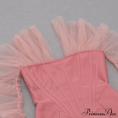 Long Arm Pink Warm-Season Sexy Bodycon Mesh Shoulder Bandage Backless Mini Women Off Dress