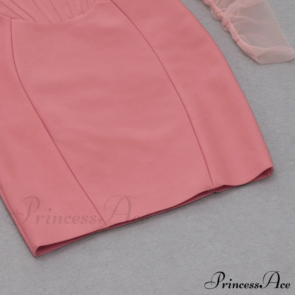 Long Arm Pink Warm-Season Sexy Bodycon Mesh Shoulder Bandage Backless Mini Women Off Dress