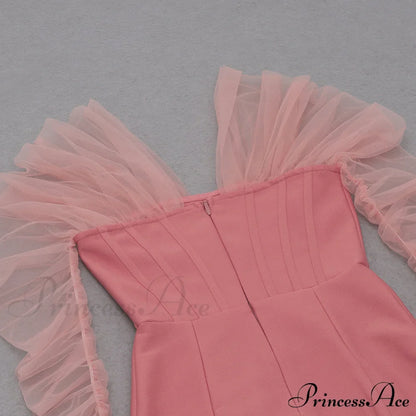 Long Arm Pink Warm-Season Sexy Bodycon Mesh Shoulder Bandage Backless Mini Women Off Dress