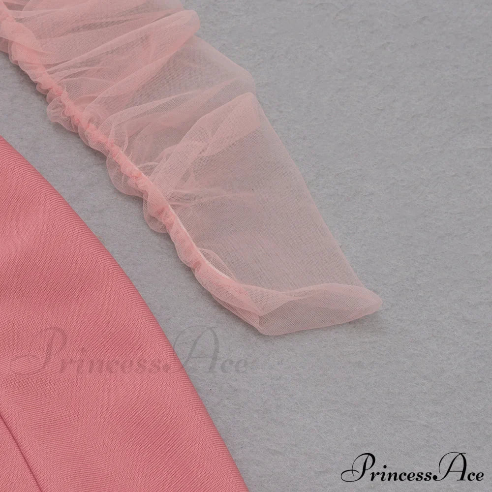 Long Arm Pink Warm-Season Sexy Bodycon Mesh Shoulder Bandage Backless Mini Women Off Dress