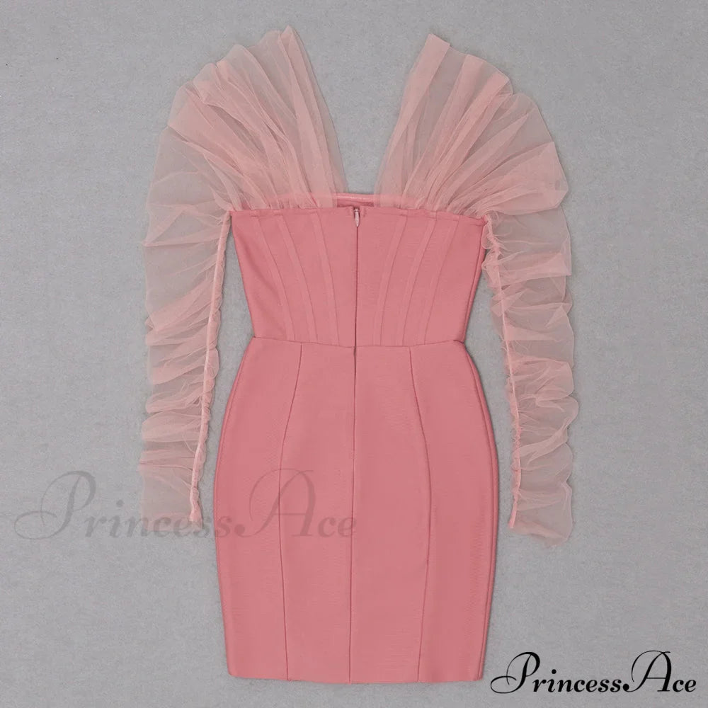 Long Arm Pink Warm-Season Sexy Bodycon Mesh Shoulder Bandage Backless Mini Women Off Dress