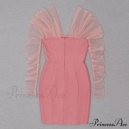 Long Arm Pink Warm-Season Sexy Bodycon Mesh Shoulder Bandage Backless Mini Women Off Dress