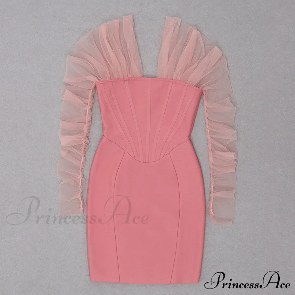 Long Arm Pink Warm-Season Sexy Bodycon Mesh Shoulder Bandage Backless Mini Women Off Dress