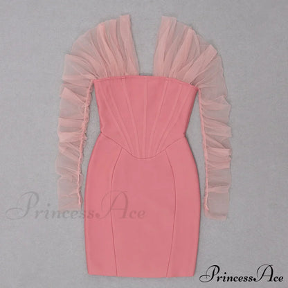 Long Arm Pink Warm-Season Sexy Bodycon Mesh Shoulder Bandage Backless Mini Women Off Dress