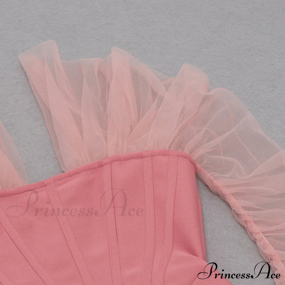 Long Arm Pink Warm-Season Sexy Bodycon Mesh Shoulder Bandage Backless Mini Women Off Dress