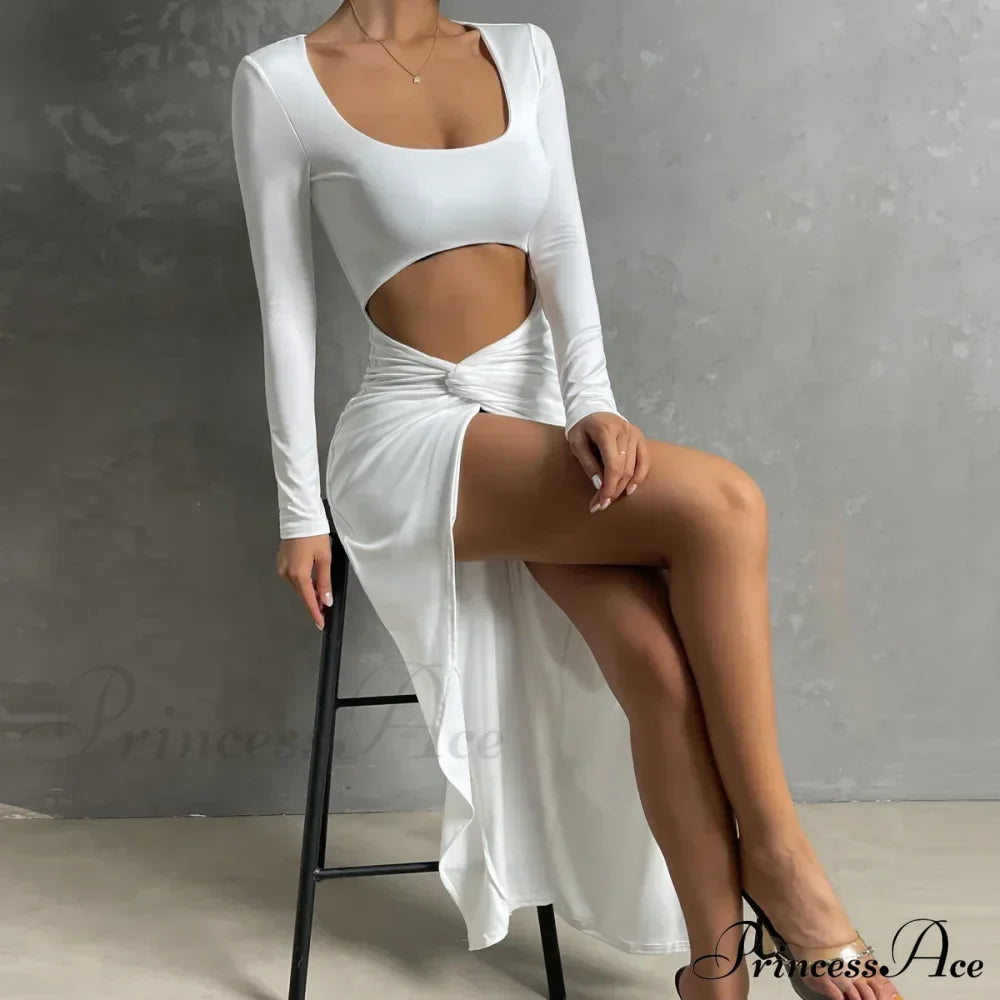 Long-sleeved Square Neck Long High Split Nightclub Wear Hollow Out Cut Out Dress