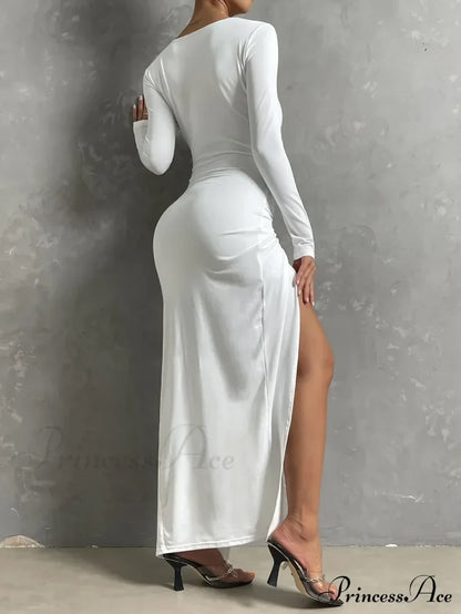Long-sleeved Square Neck Long High Split Nightclub Wear Hollow Out Cut Out Dress