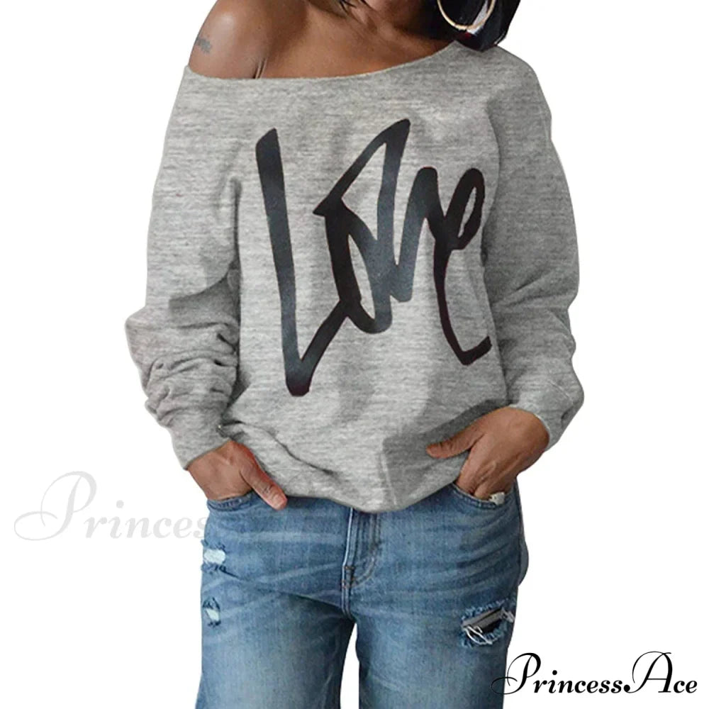 Love Tops Pullover for Patterned Off Slouchy Shoulder Sweatshirt Letter Women