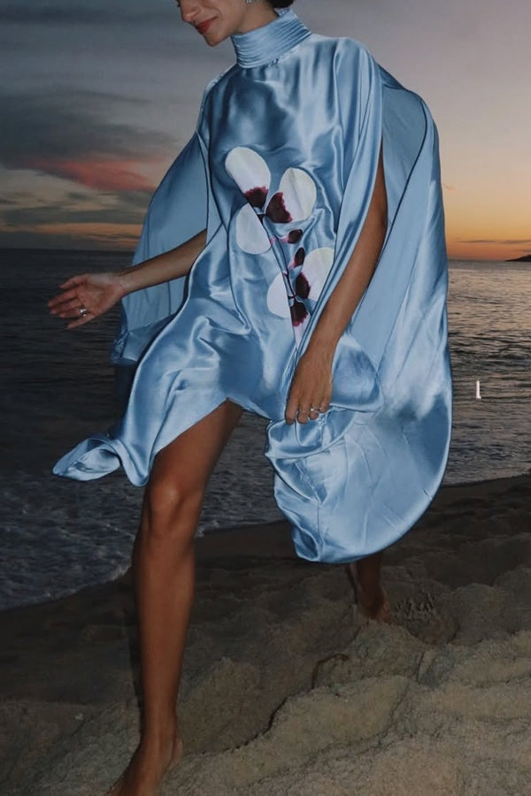 Luisa Satin Floral Print Pleated High-neck Batwing Cutout Sleeve Loose Mini Dress