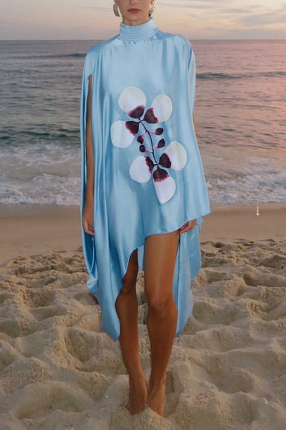 Luisa Satin Floral Print Pleated High-neck Batwing Cutout Sleeve Loose Mini Dress