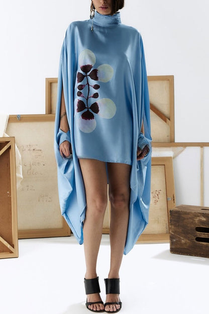 Luisa Satin Floral Print Pleated High-neck Batwing Cutout Sleeve Loose Mini Dress