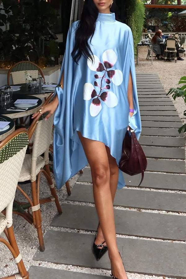 Luisa Satin Floral Print Pleated High-neck Batwing Cutout Sleeve Loose Mini Dress