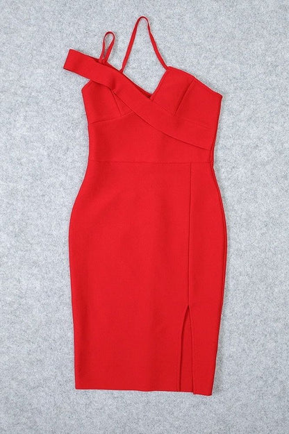 Lipstick Red One Shoulder Surplice Wrap High Split Bodycon Midi Dress