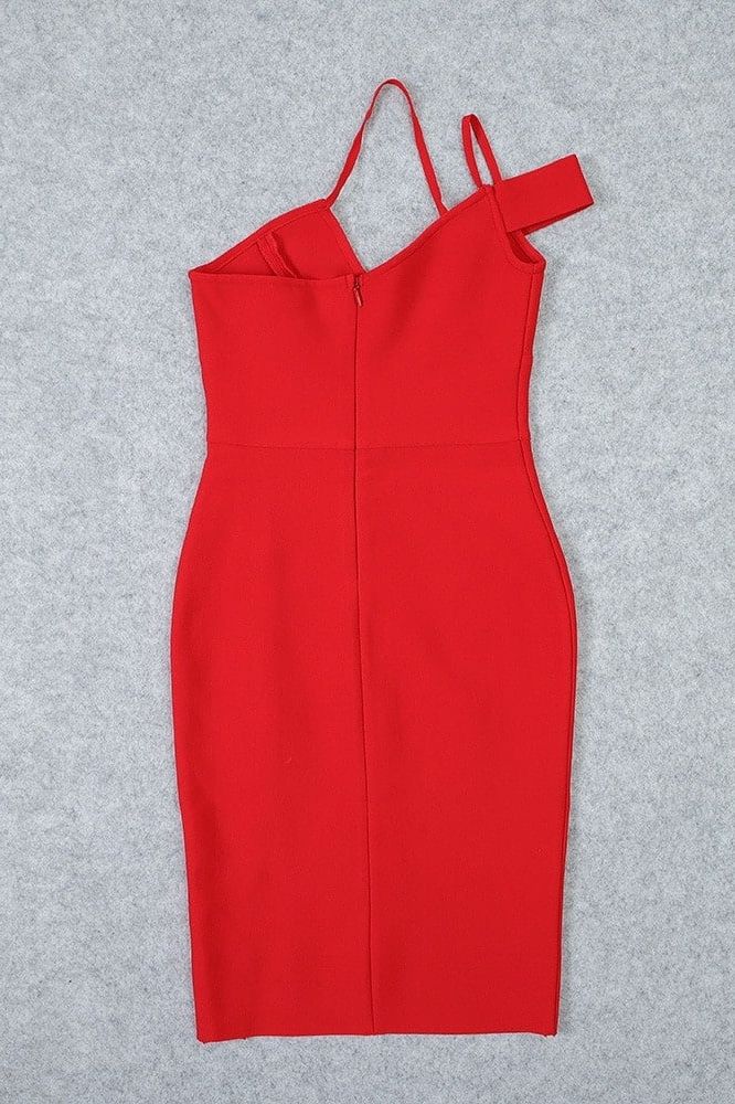 Lipstick Red One Shoulder Surplice Wrap High Split Bodycon Midi Dress