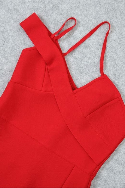 Lipstick Red One Shoulder Surplice Wrap High Split Bodycon Midi Dress