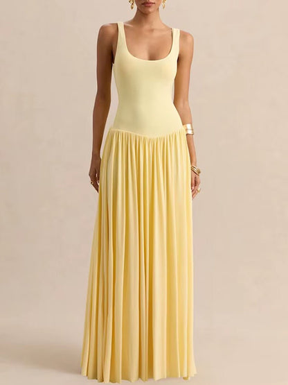 Yellow Knit Scoop Neck Choker Band Sleeveless Drop Waist Pleated Maxi Dress