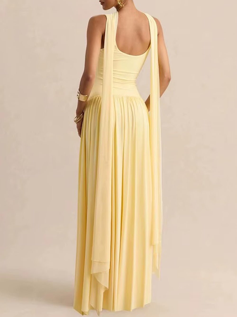 Yellow Knit Scoop Neck Choker Band Sleeveless Drop Waist Pleated Maxi Dress