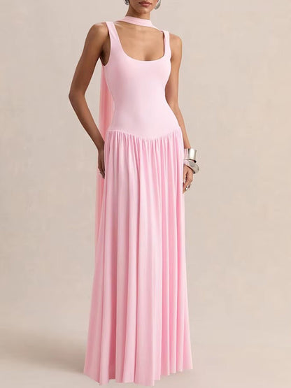 Pink Knit Scoop Neck Choker Band Sleeveless Drop Waist Pleated Maxi Dress