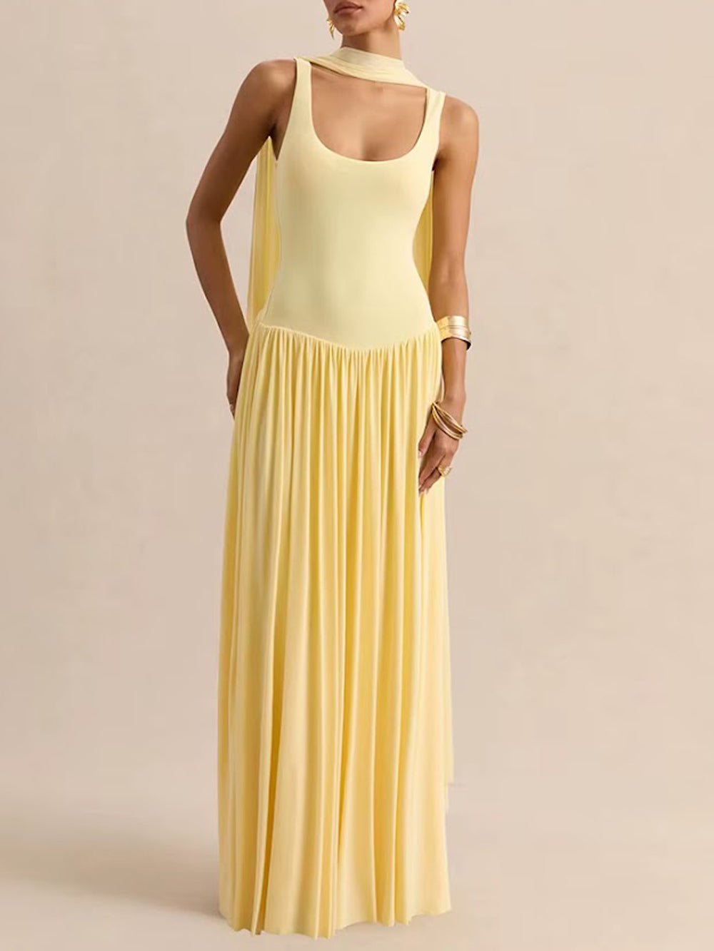 Yellow Knit Scoop Neck Choker Band Sleeveless Drop Waist Pleated Maxi Dress