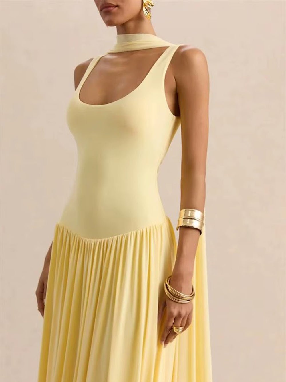 Yellow Knit Scoop Neck Choker Band Sleeveless Drop Waist Pleated Maxi Dress