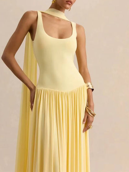 Yellow Knit Scoop Neck Choker Band Sleeveless Drop Waist Pleated Maxi Dress