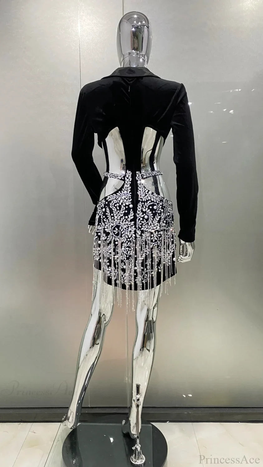 Luxury Diamonds Tassel Sexy Hollow Notched Black Mini Dress Evening Party Dress