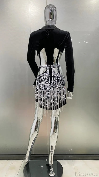Luxury Diamonds Tassel Sexy Hollow Notched Black Mini Dress Evening Party Dress