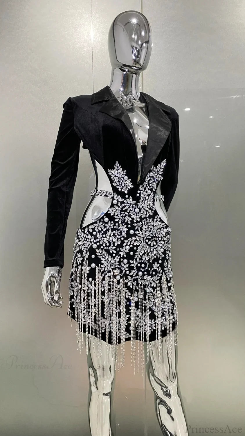 Luxury Diamonds Tassel Sexy Hollow Notched Black Mini Dress Evening Party Dress
