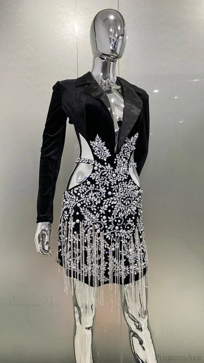 Luxury Diamonds Tassel Sexy Hollow Notched Black Mini Dress Evening Party Dress