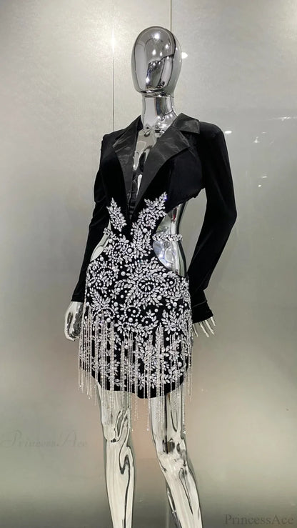 Luxury Diamonds Tassel Sexy Hollow Notched Black Mini Dress Evening Party Dress