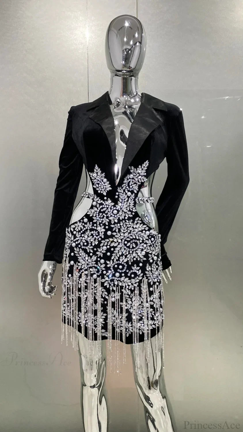 Luxury Diamonds Tassel Sexy Hollow Notched Black Mini Dress Evening Party Dress
