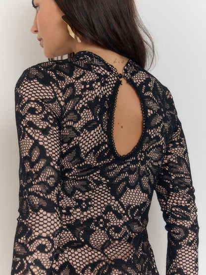 Black Lace Floral Mock Neck Bell Sleeve Bodycon Mini Dress