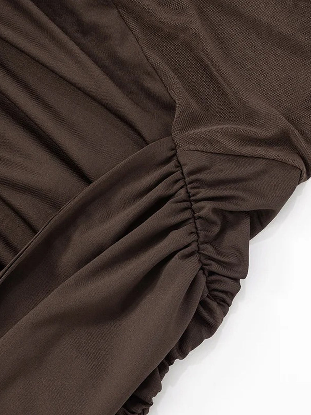 Brown Off Shoulder Long Sleeve Mesh Cut Out Ruched Draped Train Mini Dress