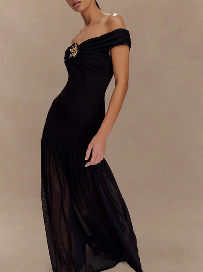 Black Off Shoulder Brooch Corset Bodice Pleated Chiffon Mermaid Gown