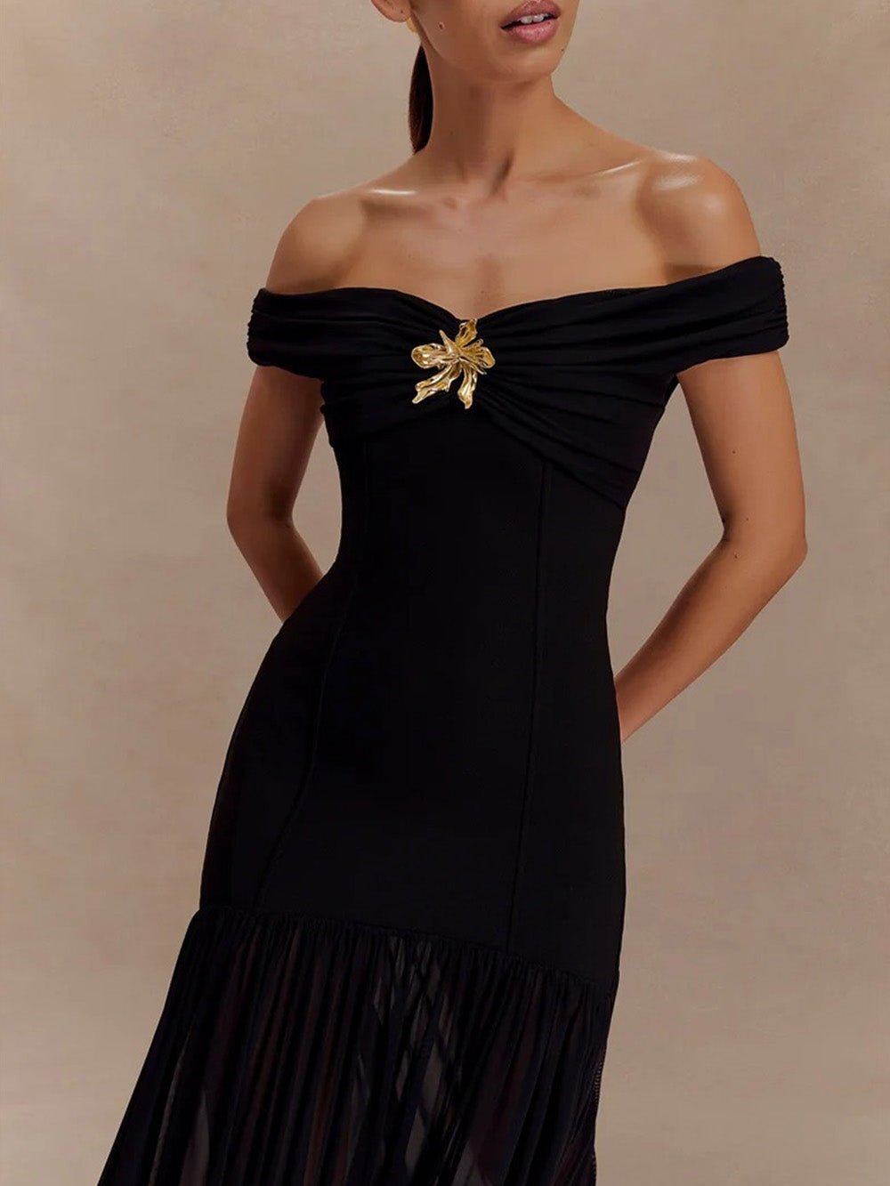 Black Off Shoulder Brooch Corset Bodice Pleated Chiffon Mermaid Gown