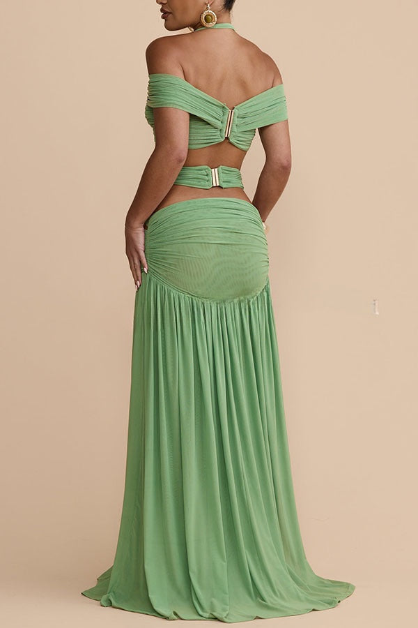 Martina Stretch Mesh Gold Metal Detail Gathered Cutout Waist Vacation Maxi Skirt