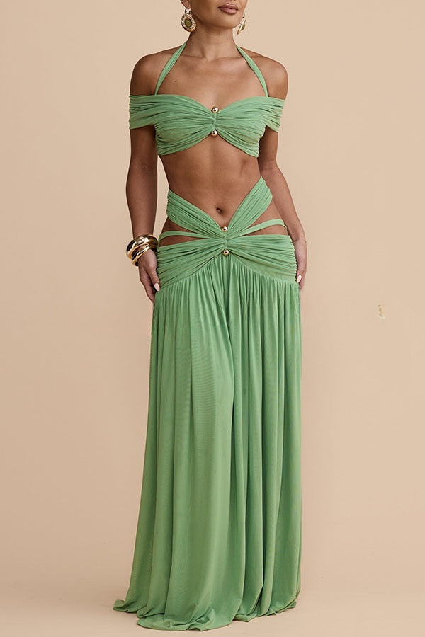 Martina Stretch Mesh Gold Metal Detail Gathered Sweetheart Crop Halter Vacation Tank