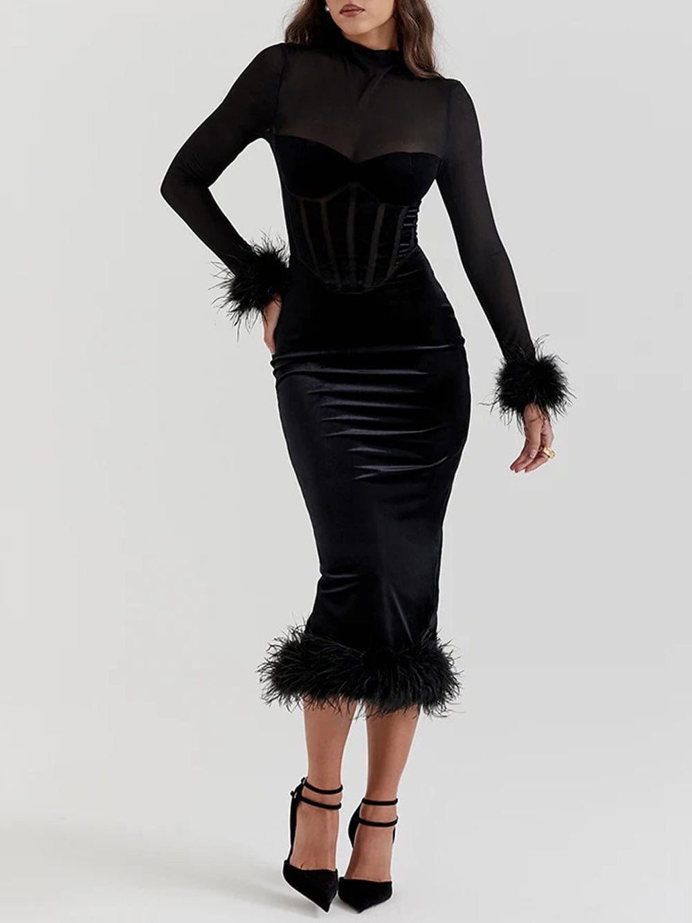 Black Mesh High Neck Corset Sweetheart Feather Trim Velvet Midi Dress