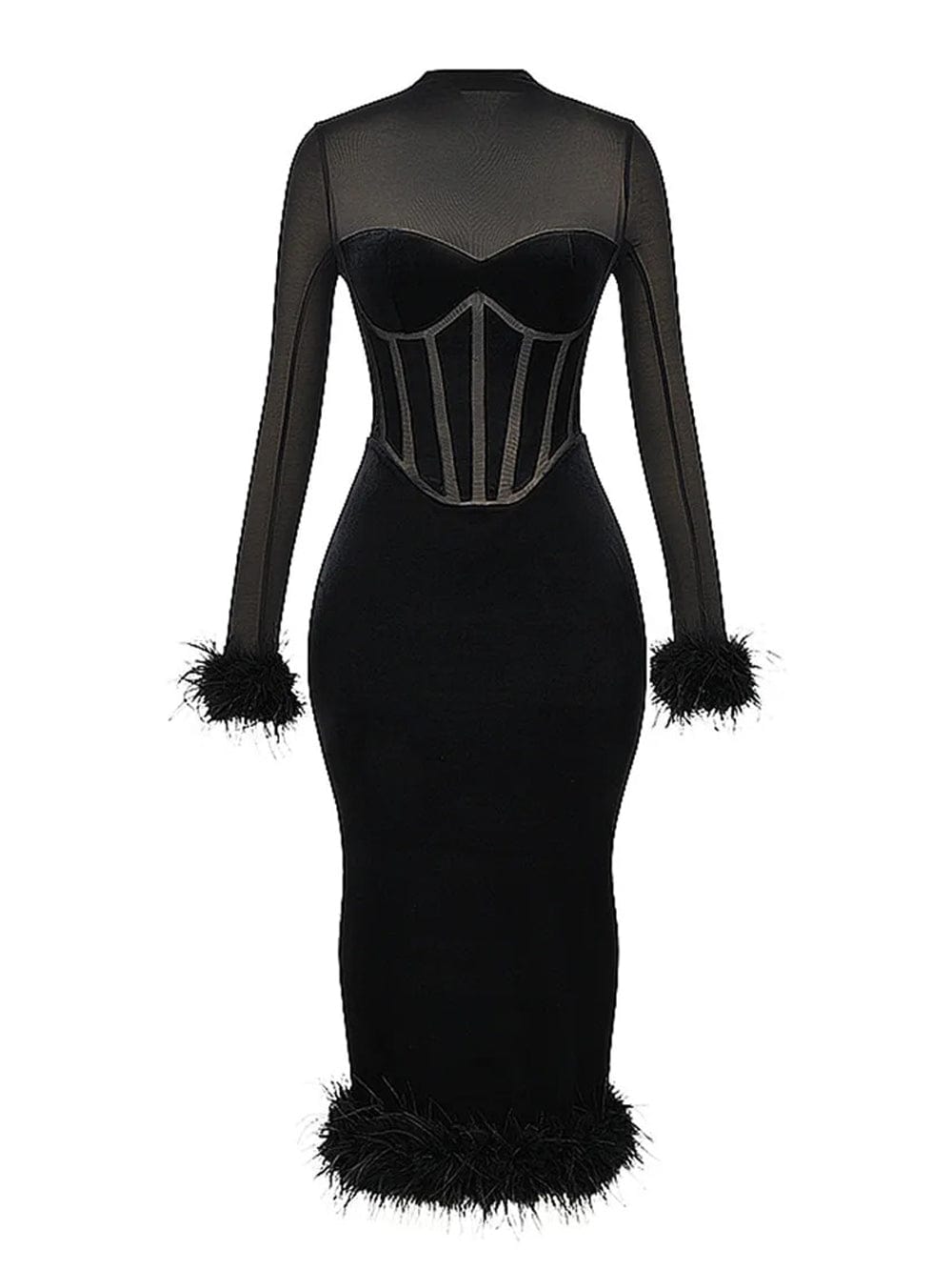 Black Mesh High Neck Corset Sweetheart Feather Trim Velvet Midi Dress