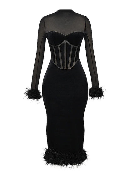 Black Mesh High Neck Corset Sweetheart Feather Trim Velvet Midi Dress
