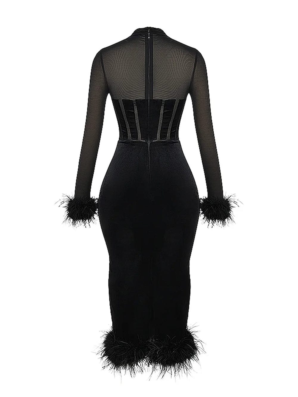 Black Mesh High Neck Corset Sweetheart Feather Trim Velvet Midi Dress