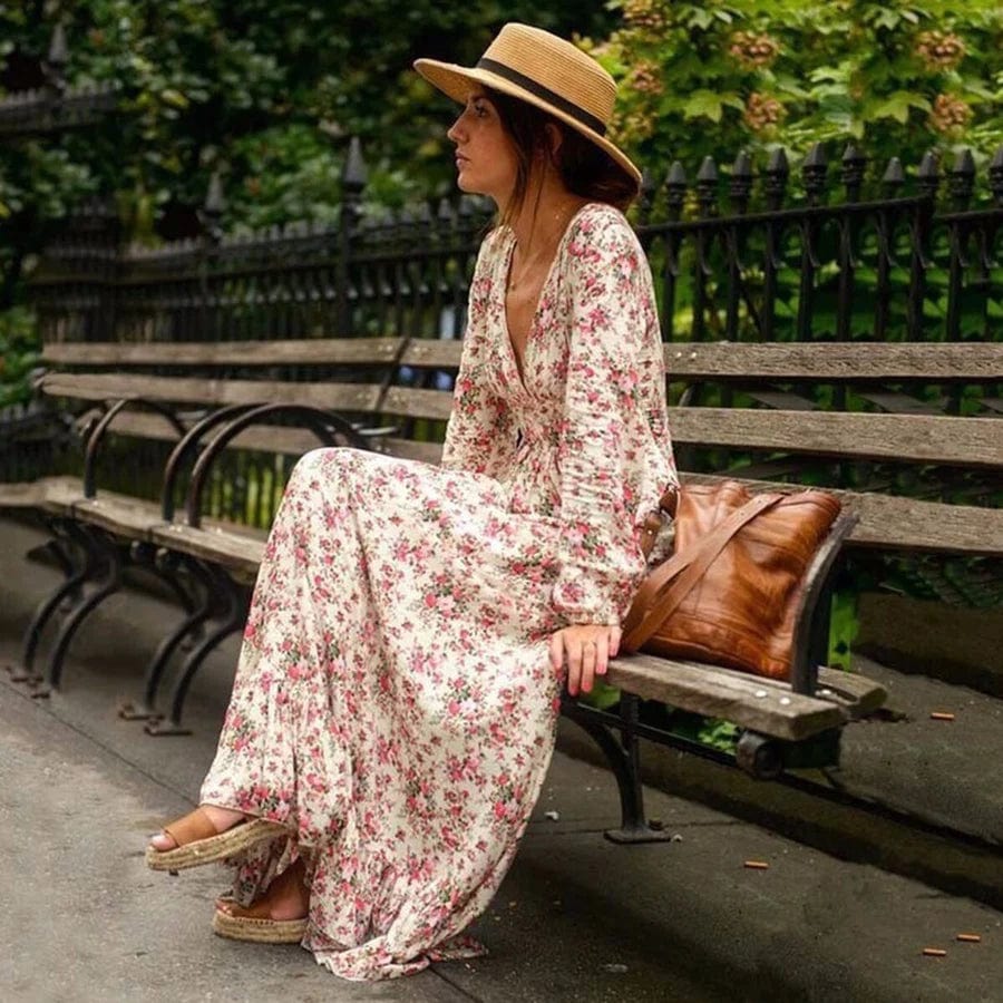 Deep V Neck Bishop Sleeve Smocked Waist Floral Ruffle Hem Maxi Dress