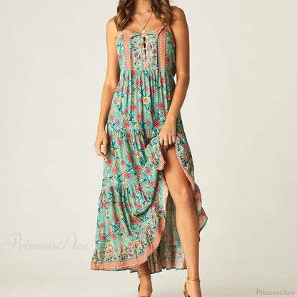 Maxi Strap Dress Green Rayon Floral Print Gypsy Summer Dress