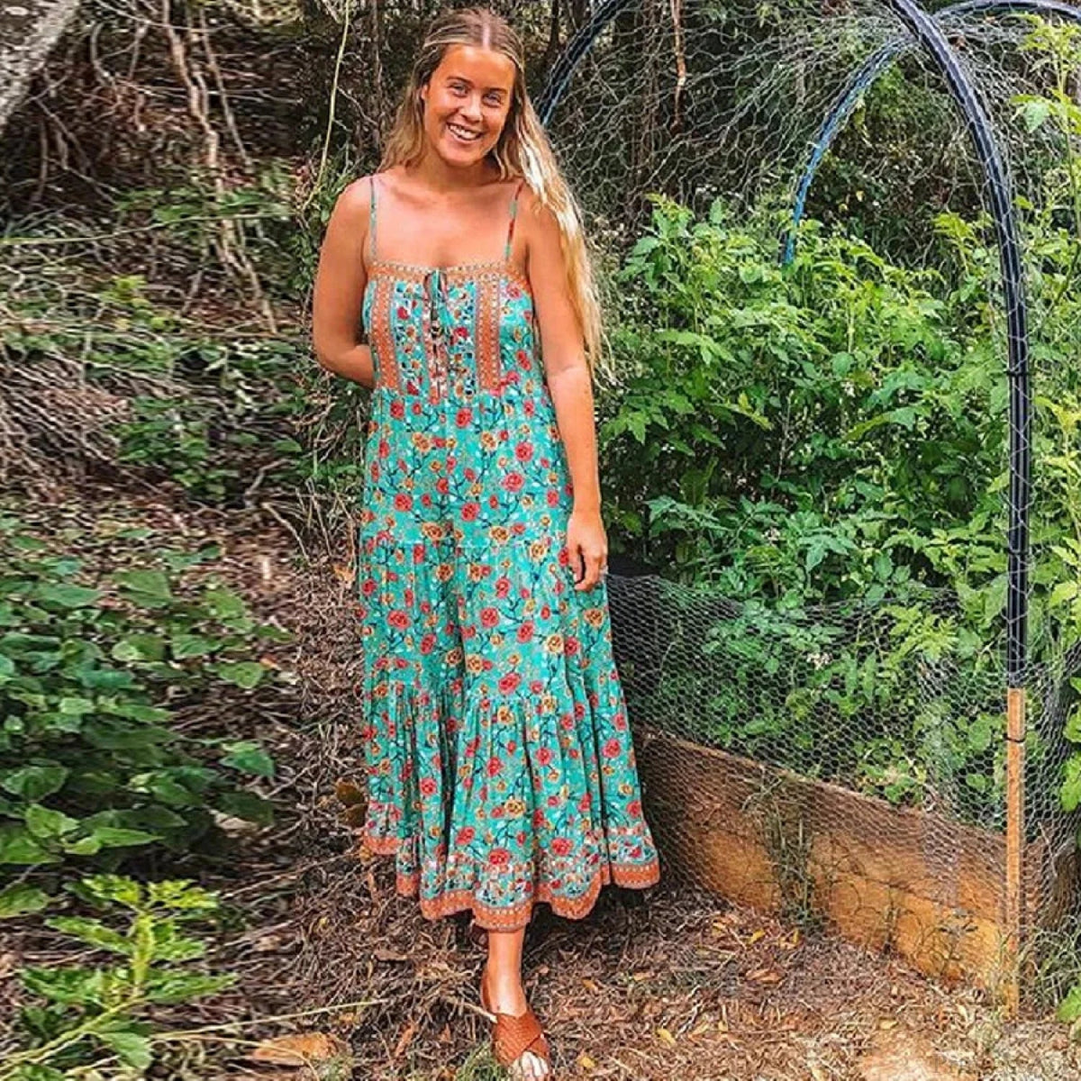 Maxi Strap Dress Green Rayon Floral Print Gypsy Summer Dress