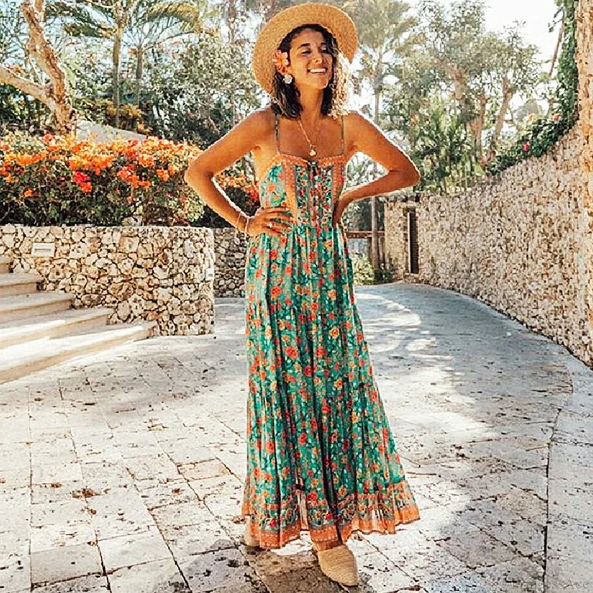 Maxi Strap Dress Green Rayon Floral Print Gypsy Summer Dress