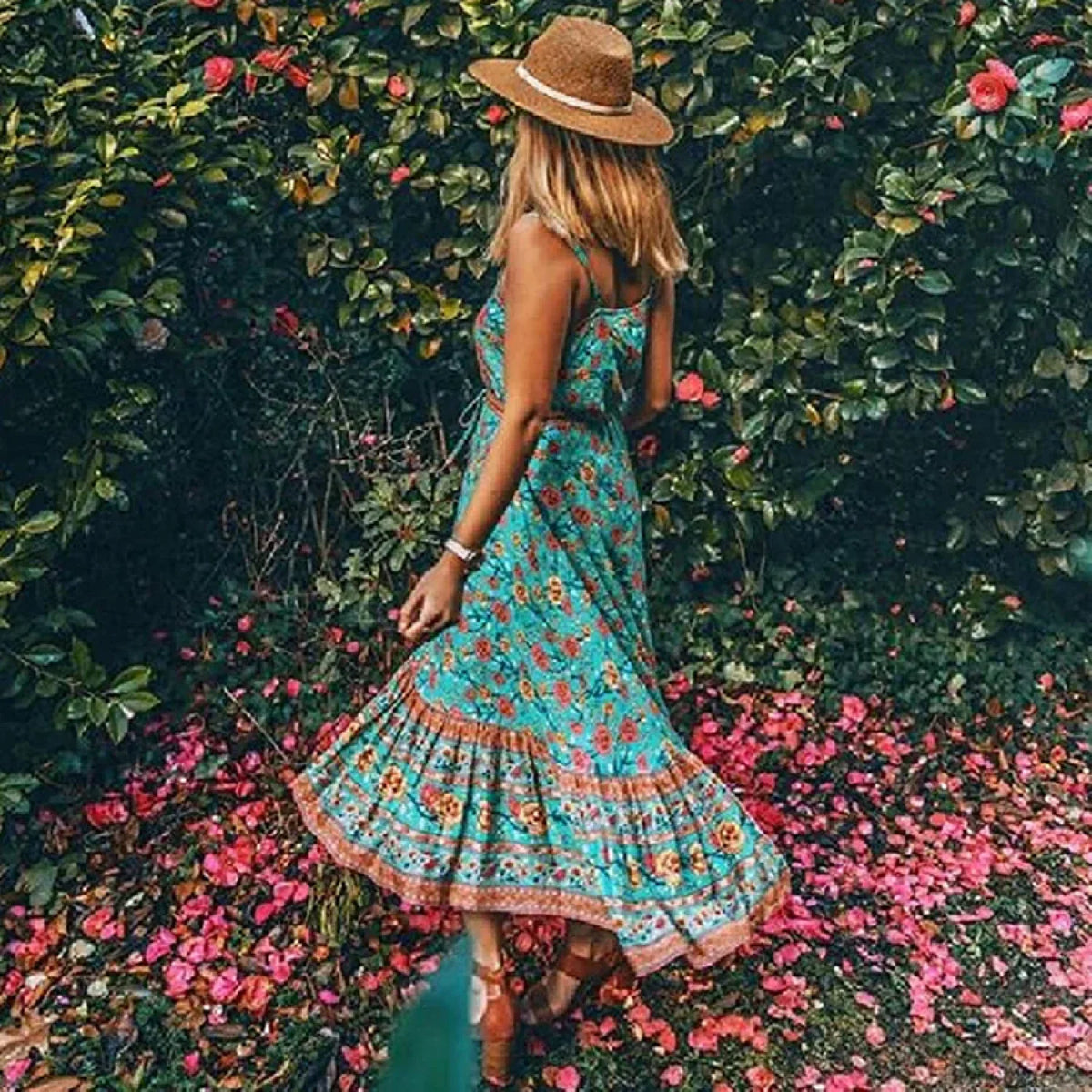 Maxi Strap Dress Green Rayon Floral Print Gypsy Summer Dress